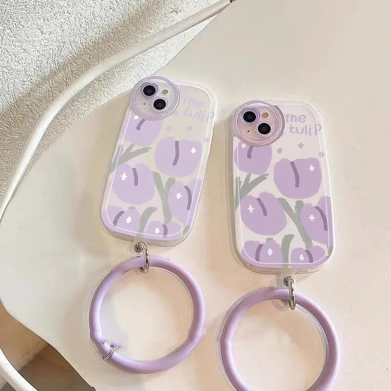 Purple tulip transparent TPU phone case for iPhone with purple bracelet on a white background