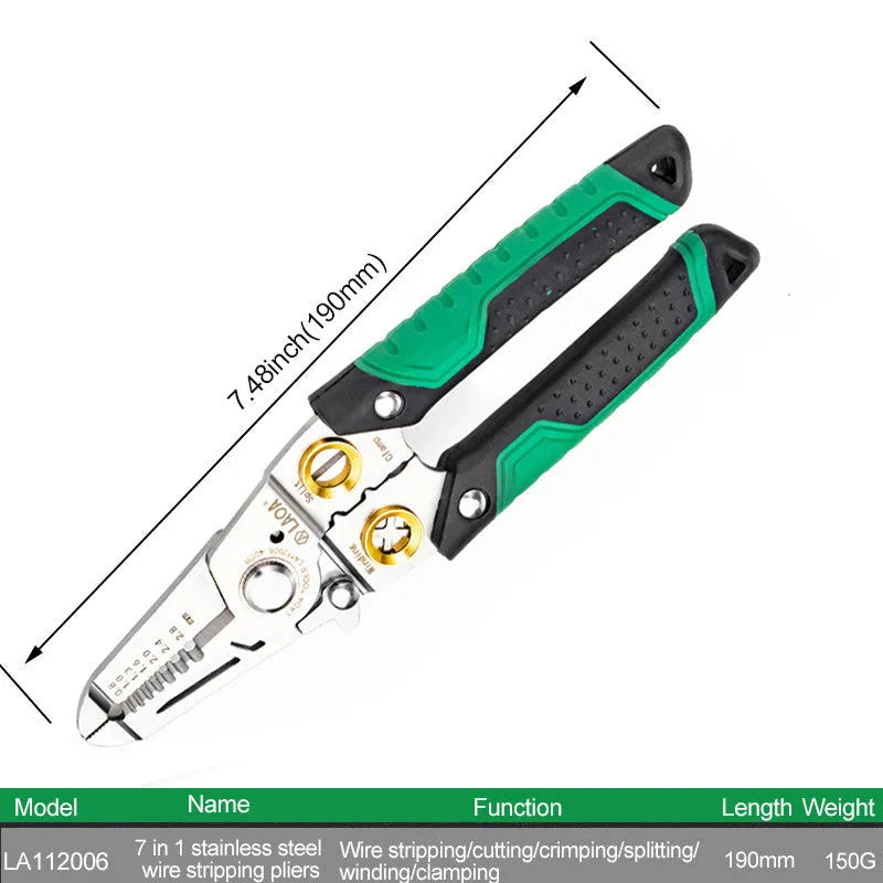 Stainless steel wire stripper with straight handle, ABS grips, and seven stripping ports for 0.8-3.2mm cables
