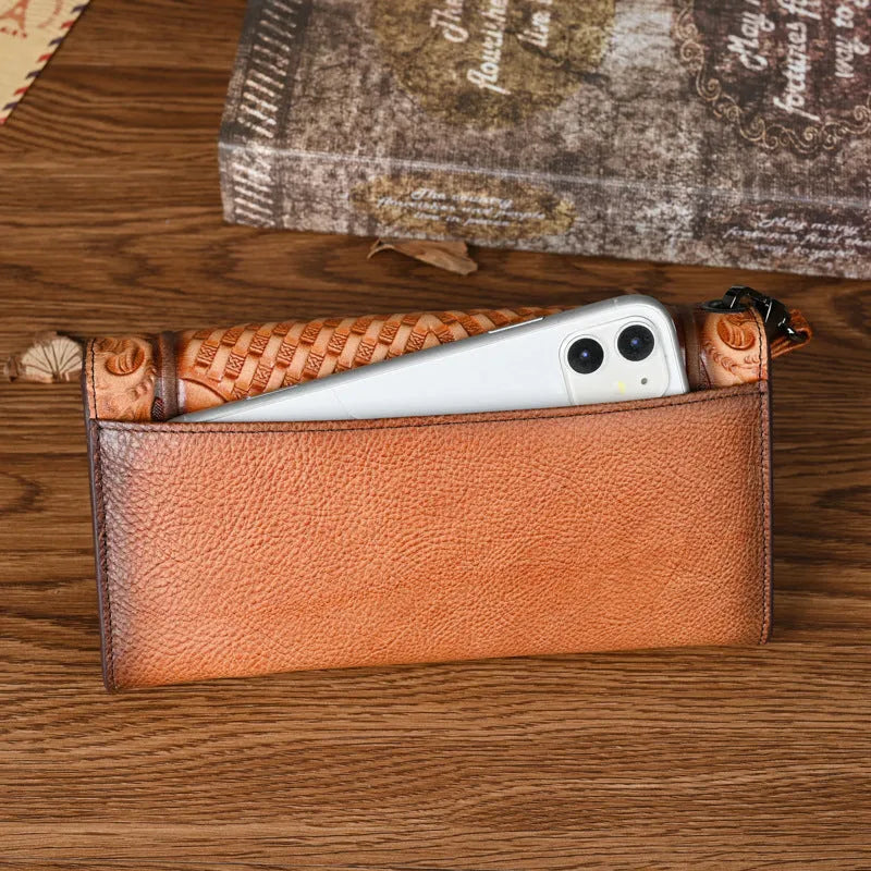 Retro brown women's tri-fold leather wallet with an embossed floral pattern, shown open and closed.