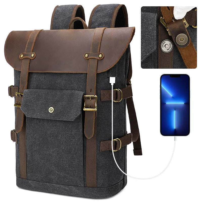 Solid colour canvas computer backpack with USB charging port and curved shoulder straps