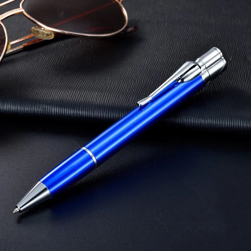 Slim metal windproof pen lighter with jet flame, shown with key chain in selectable colours.