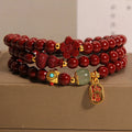 6mm cinnabar bracelet with multi-circle gourd and five petal flower Chinese design in polished finish