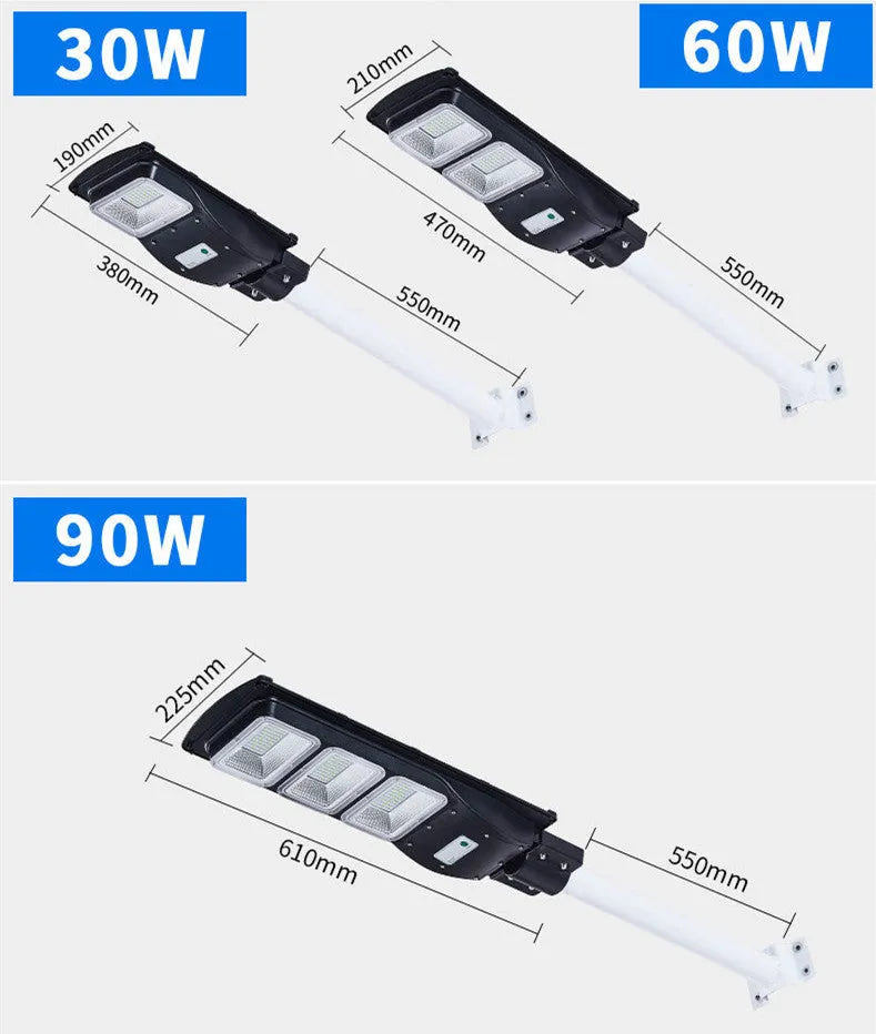 60W integrated solar-powered LED street light unit with remote control for outdoor use.