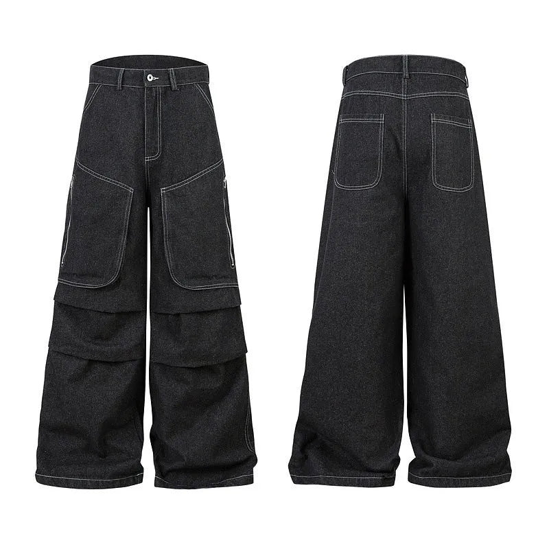 Black pleated workwear jeans with multiple pockets showing mid-waist fit and zip placket opening