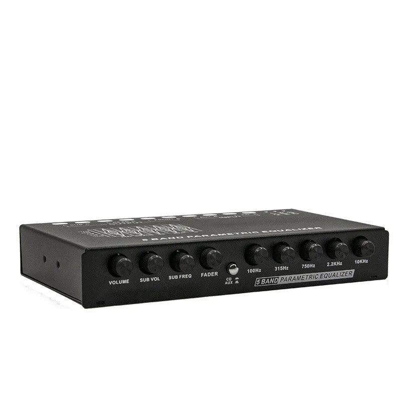 Black car audio EQ tuning amplifier with control knobs for subwoofer frequency and volume adjustment