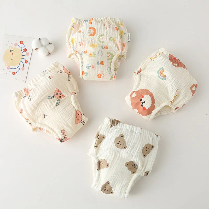 Pure cotton gauze baby training pants with waterproof layer, fun print, sizes 80-110 for potty training