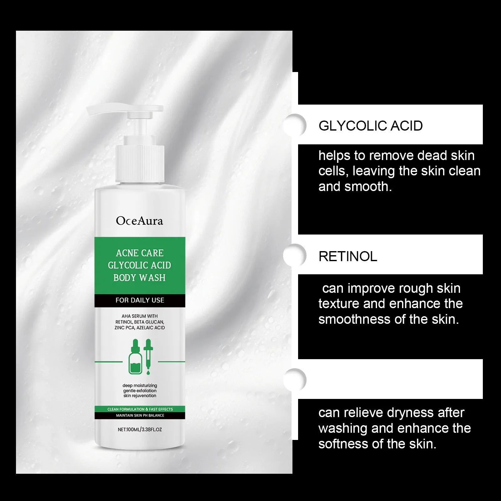 100ml shower gel bottle with glycolic acid and retinol formula for oily skin