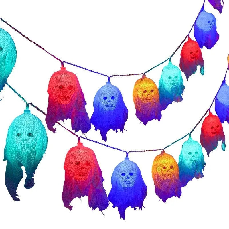Battery-powered Halloween string lights with multi-coloured LED bulbs on a black wire.