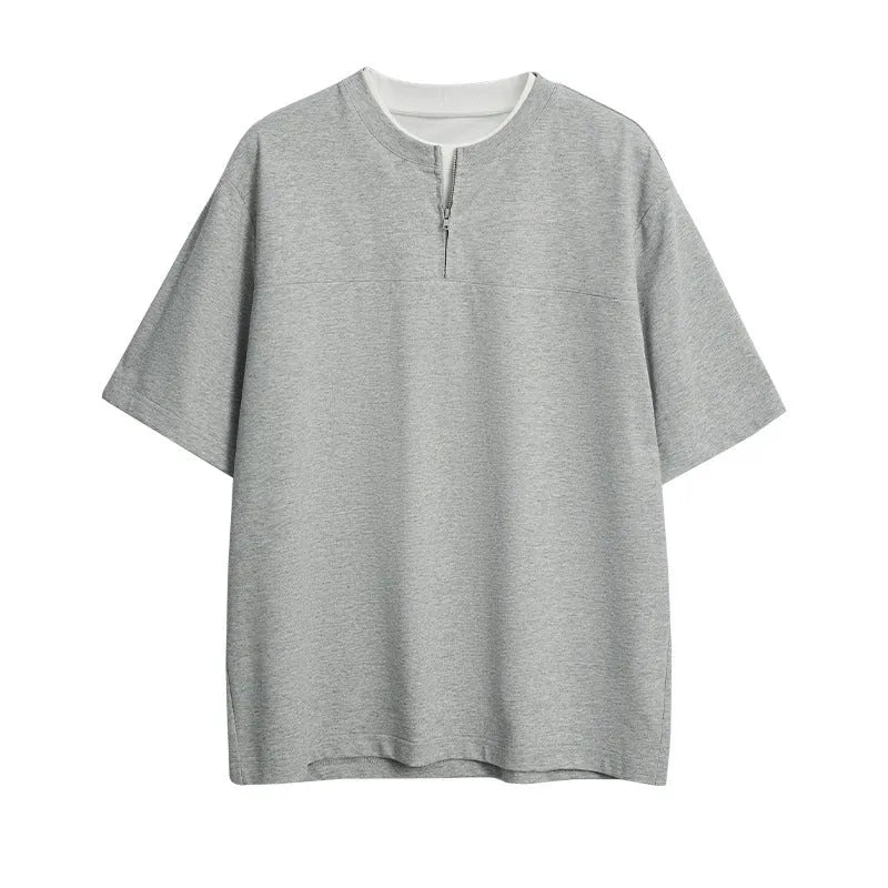 Women's solid colour loose patchwork top with zip false two-piece styling in cotton blend fabric