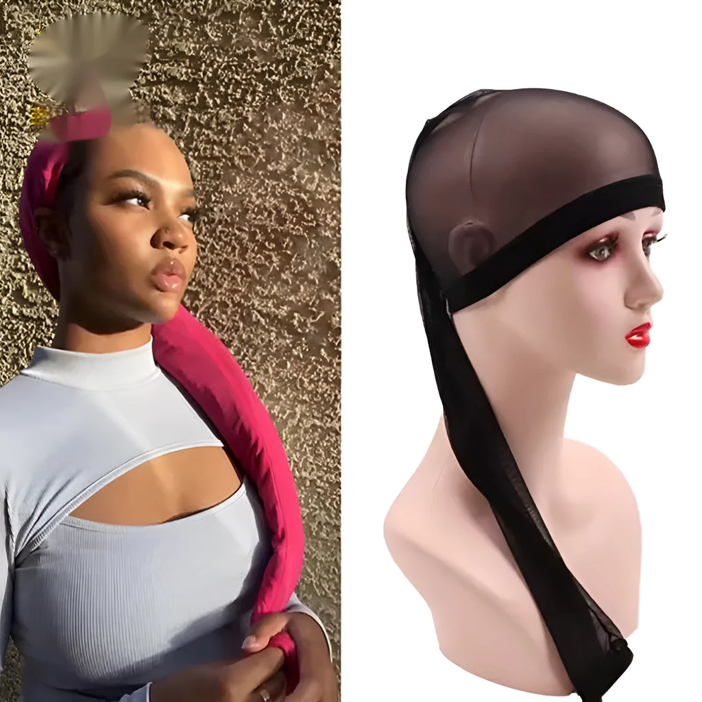 High elasticity mesh wig cap in multiple colours including black, leopard print, and light blue, shown on a model.