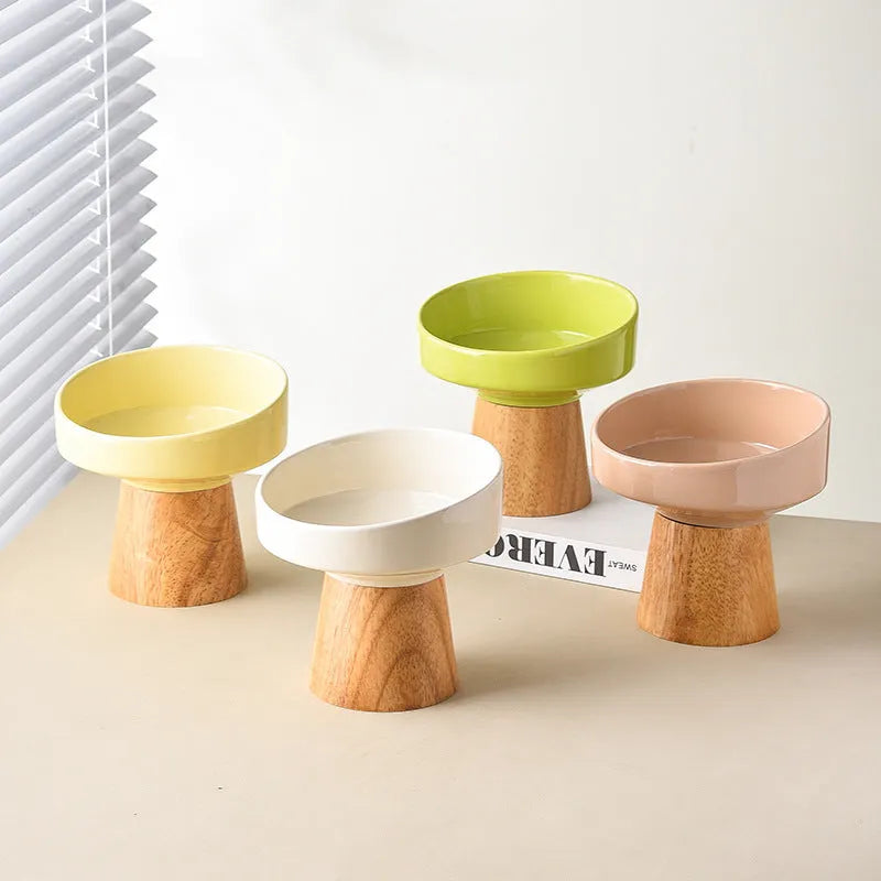Ceramic pet bowl for cats and small dogs in beige with elevated rim, food and water dish