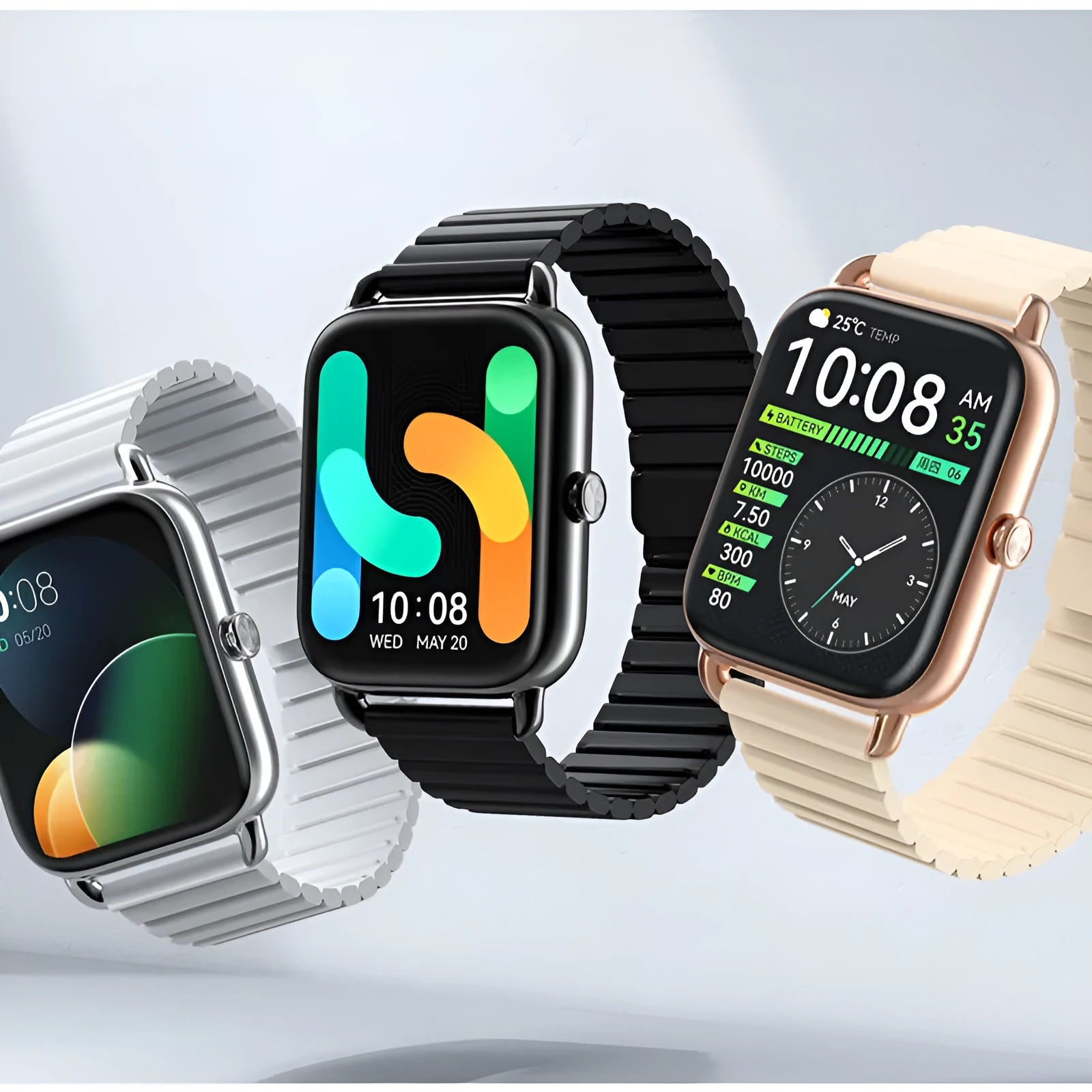 S4PLUS LS11 smart sports watch with AMOLED display shown in black, champagne, or silver on a wrist.