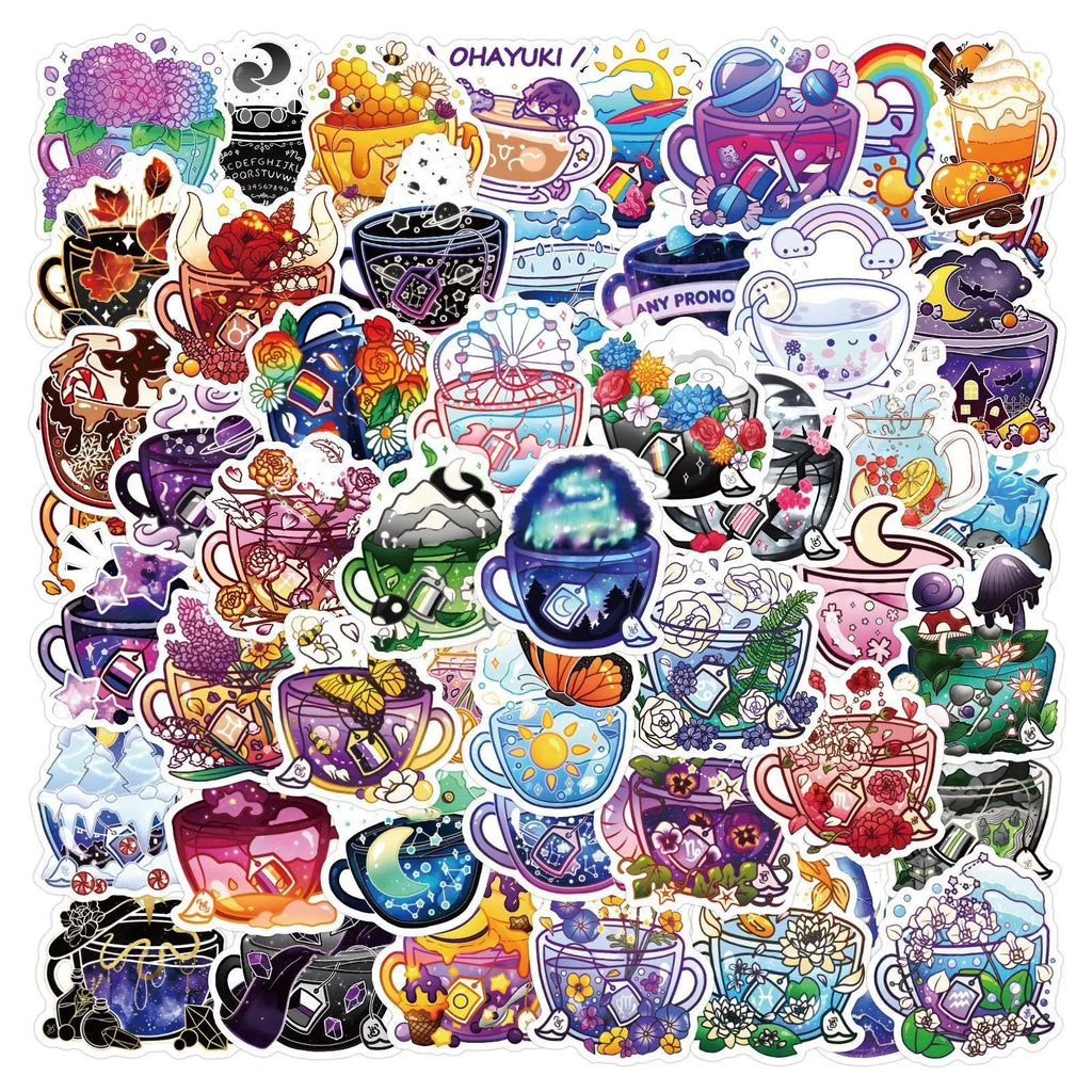 Set of 50 colourful tea cup graffiti waterproof stickers in Nordic style, laid out for display.