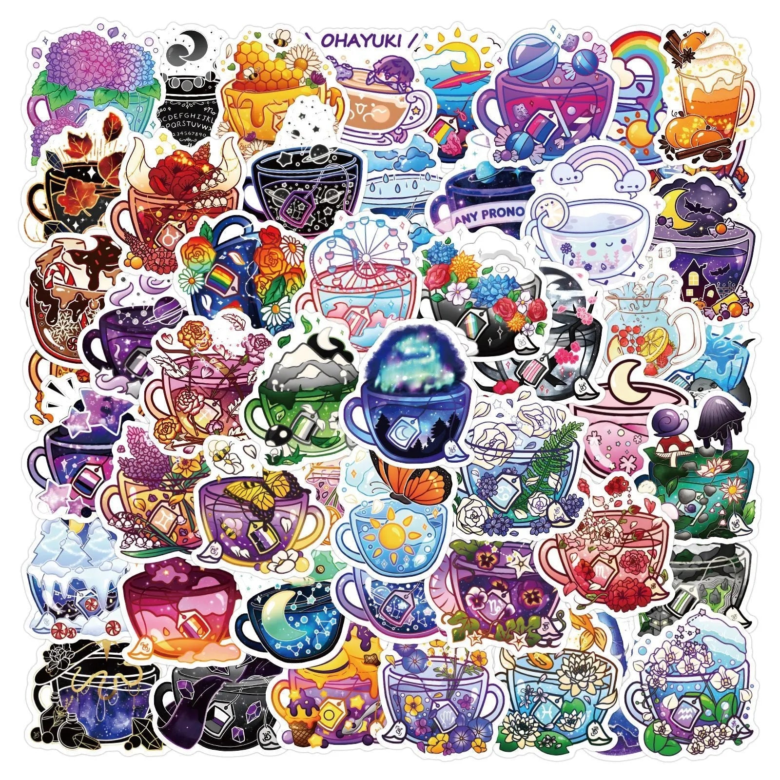 Set of 50 colourful tea cup graffiti waterproof stickers in Nordic style, laid out for display.