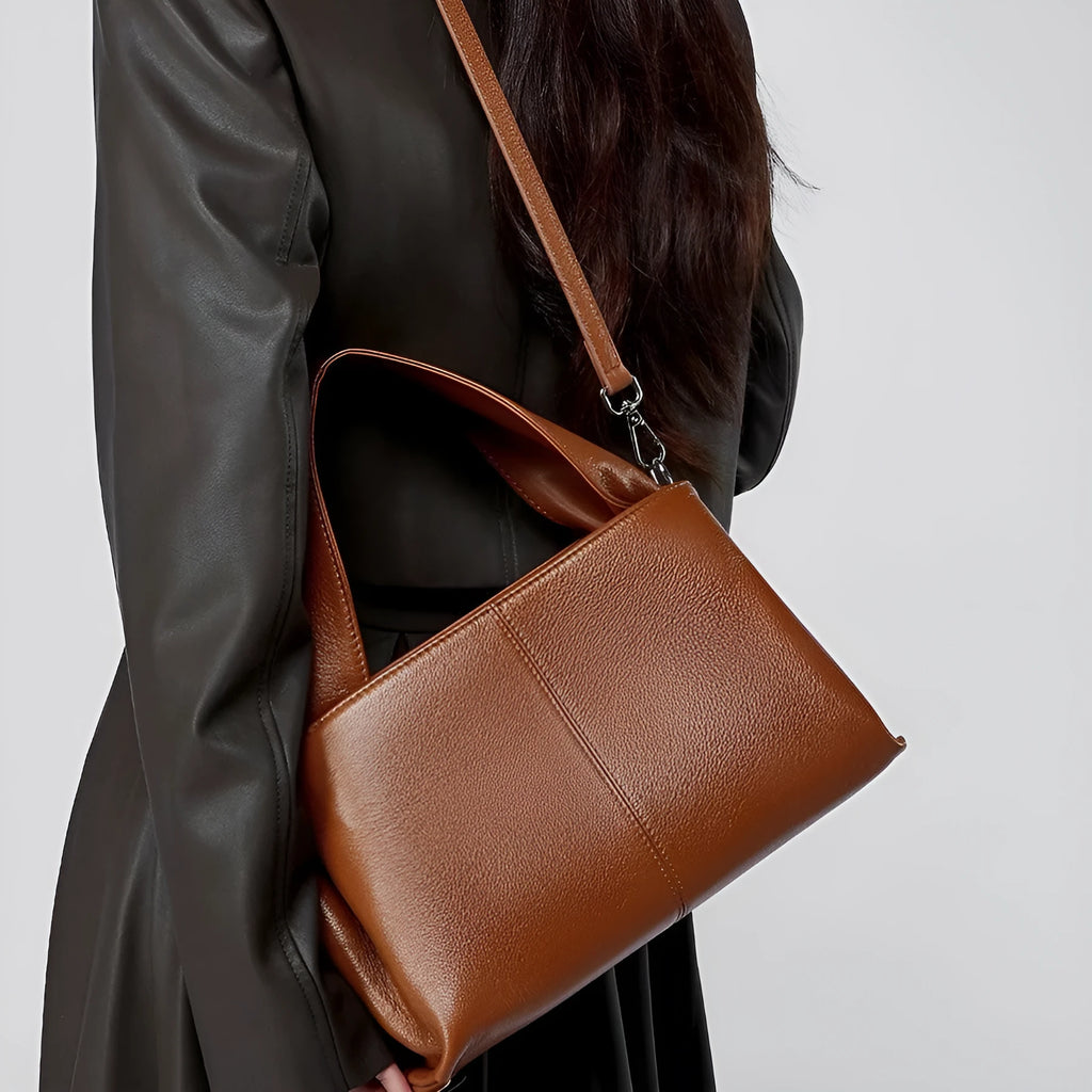Female retro texture genuine leather messenger bag in horizontal square design with double shoulder straps