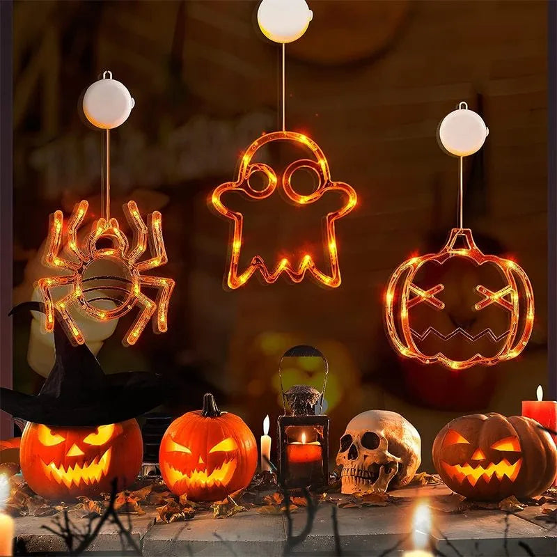 Halloween window hanging LED lights with spider, pumpkin, and ghost designs for holiday decoration