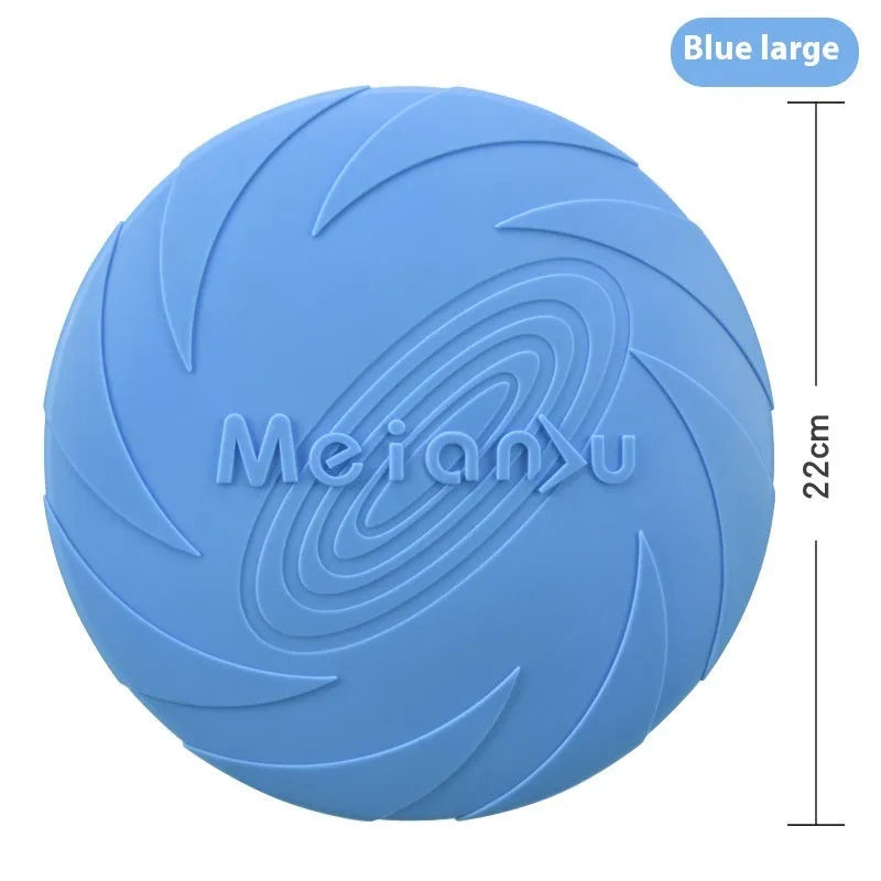 Soft rubber dog frisbee toy in red blue green colours showing small medium large size options