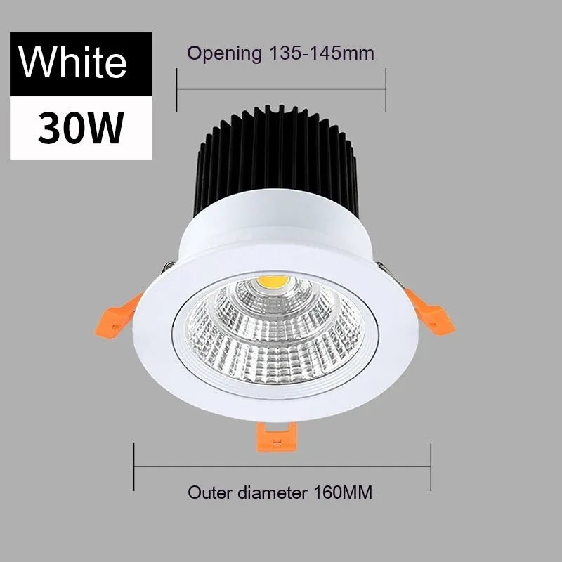 LED embedded ceiling spotlight with aluminium housing showing three colour temperature options and hole size measurements