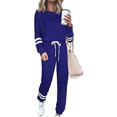 Women's casual suit set in cotton blend fabric with top and trousers in solid colour