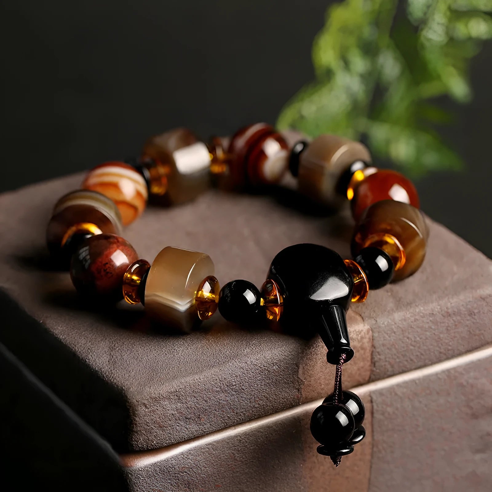 Natural agate bracelet with sardonyx, white, red, and black agate beads in geometric ethnic design