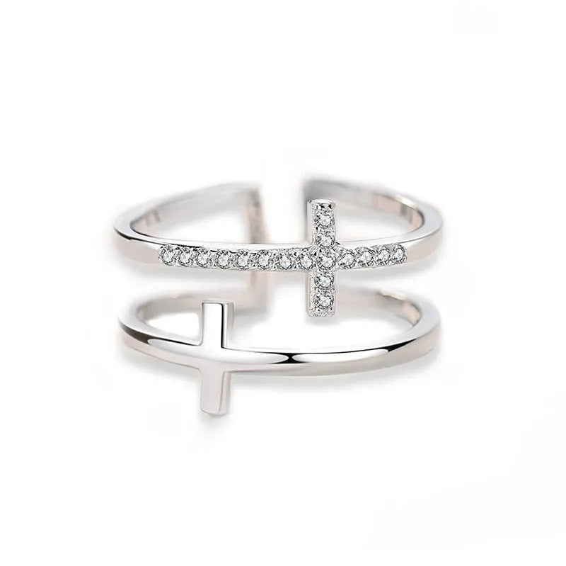 Women's miniature geometric copper ring with adjustable open design and inlaid zircon stones.