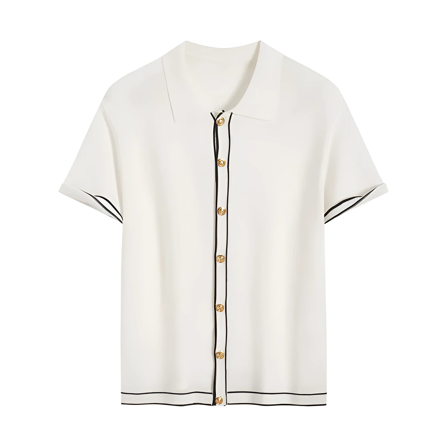 White short sleeve cardigan with dark contrast colour lapels, laid flat to show relaxed fit and button front.