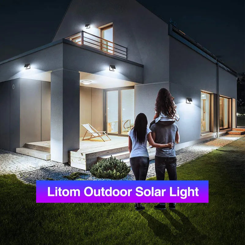 Household minimalist outdoor solar wall lamp with motion sensor and 40 LED patches on white background
