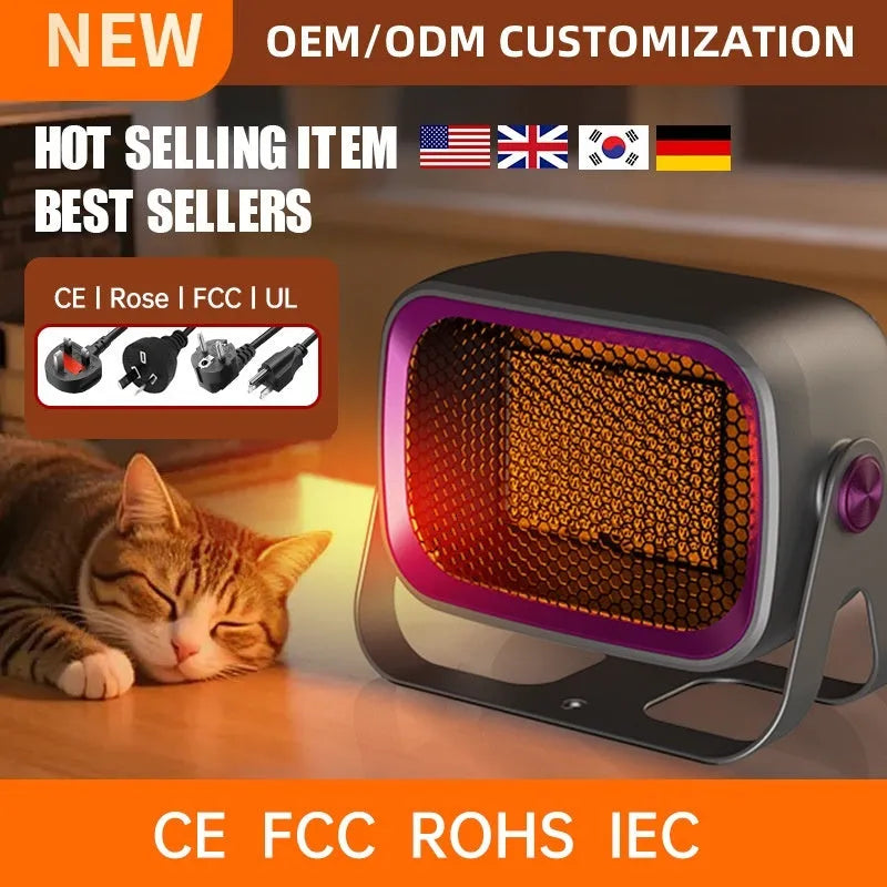 Compact white PTC ceramic desktop electric heater on a wooden desk.