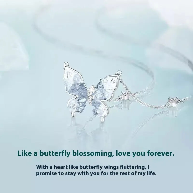 Bingyu Butterfly S925 silver clavicle necklace with ice rain pendant on an O-ring chain.
