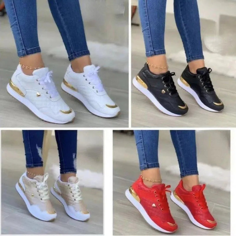 Women's plaid patchwork lace-up sneakers with love decor, artificial PU upper and rubber sole