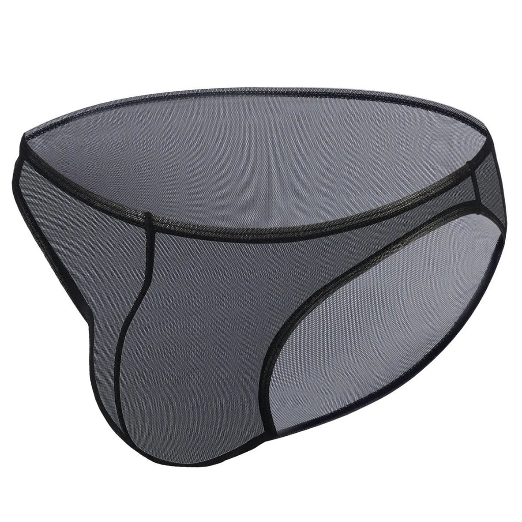 Men's black low-waist nylon briefs laid flat, showing triangle front design and knit fabric texture.