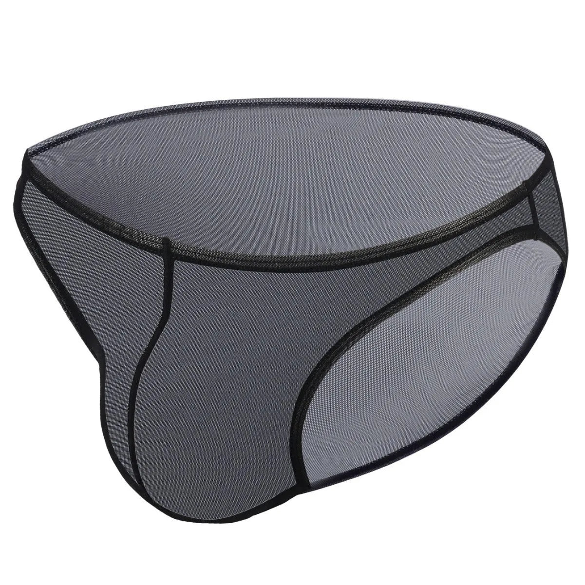 Men's black low-waist nylon briefs laid flat, showing triangle front design and knit fabric texture.