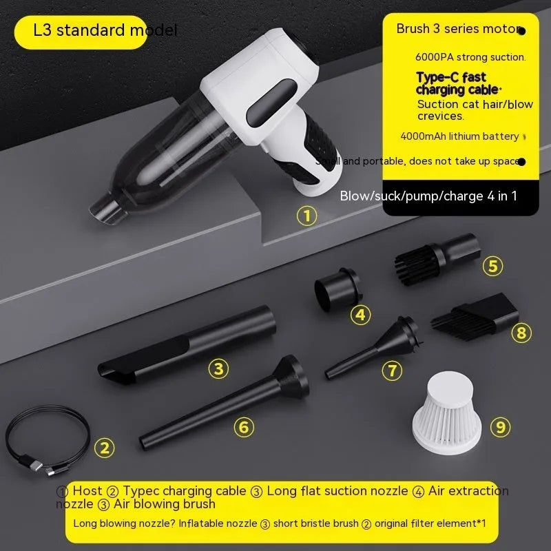 Handheld car vacuum cleaner with nozzle attachments in black, white, or grey colours