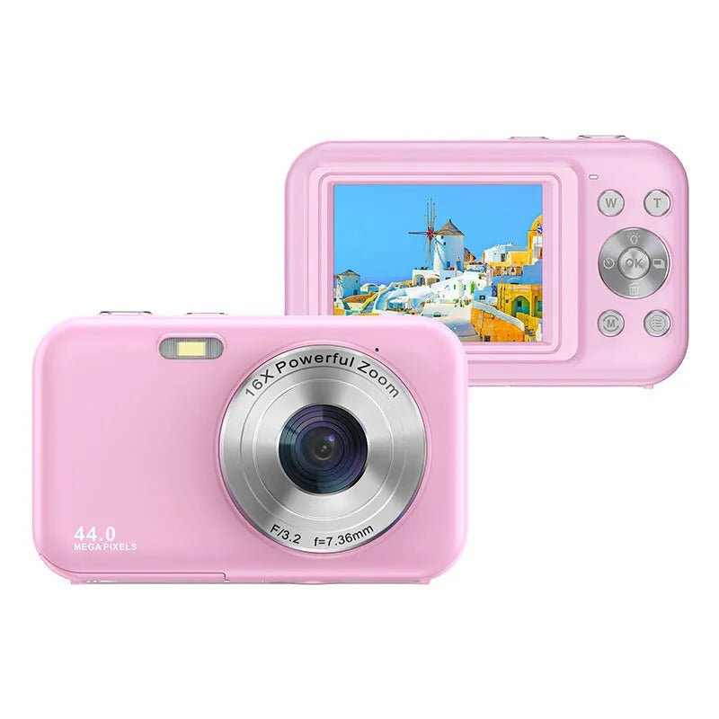 Colourful children's digital camera showing 2.4-inch screen, available in black, green, pink, and purple.