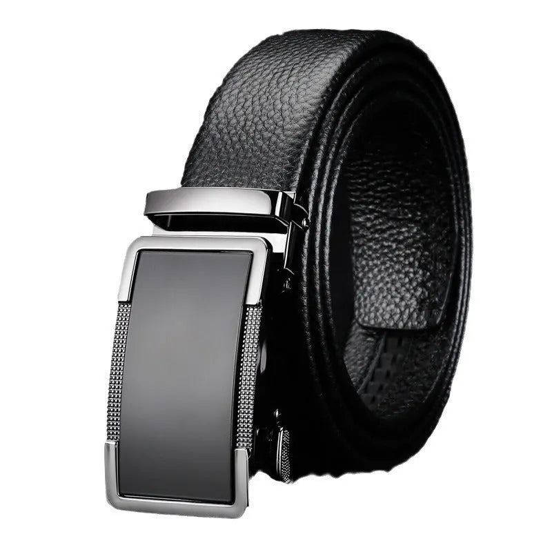 Men's leather belt with an automatic alloy buckle in gun black, silver, or gold colour.