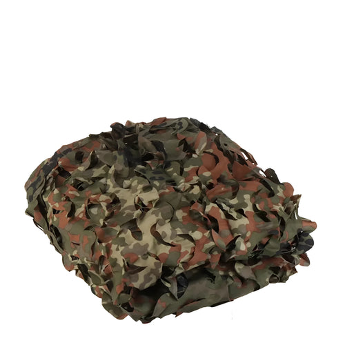 Green camouflage net with mesh pattern for outdoor camp cover and military sunshade.