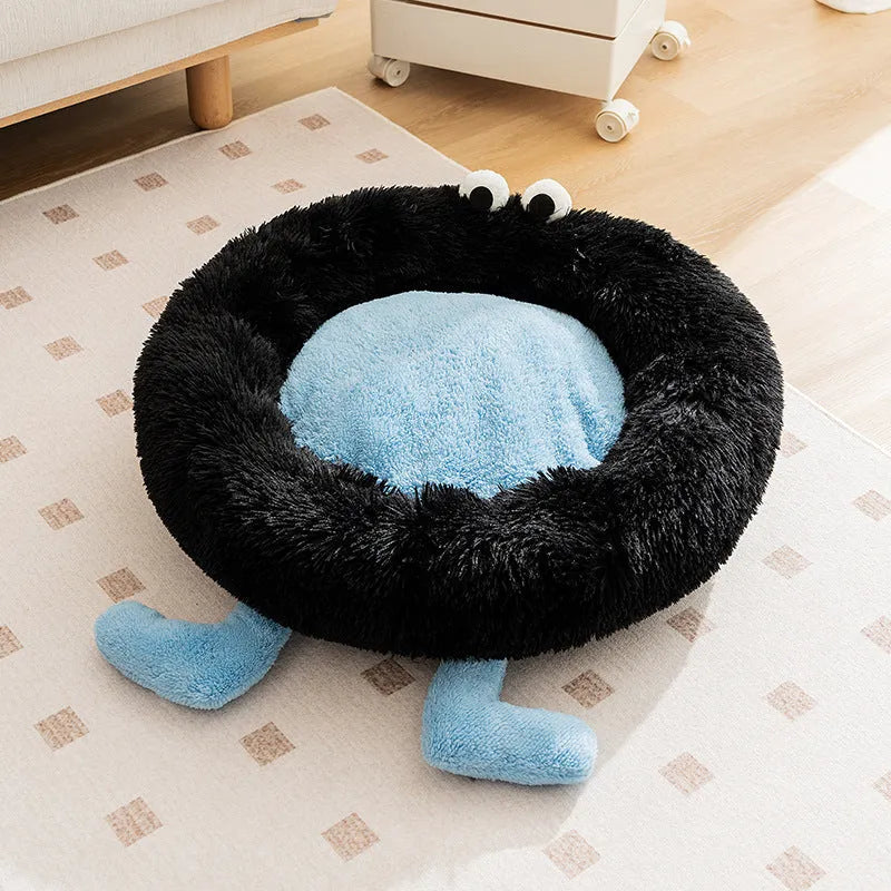 Briquettes plush pet bed in blue colour with raised sides forming a nest for dogs or cats