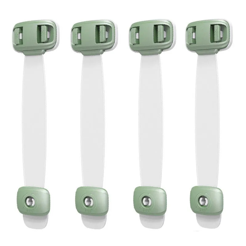 Grey and green adjustable child safety cabinet locks with adhesive backing