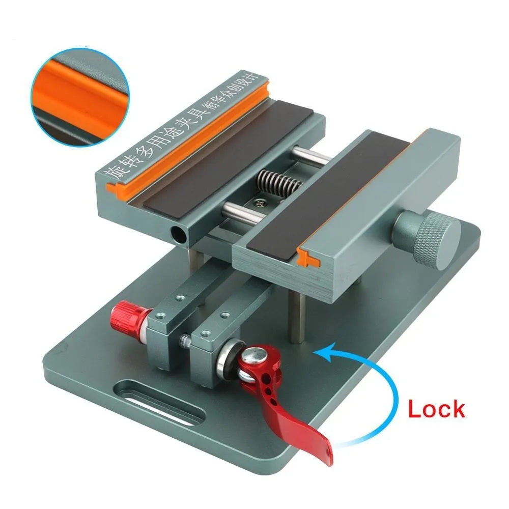 General mobile phone repair fixture with adjustable arms and a demolition crowbar tool on a white background.