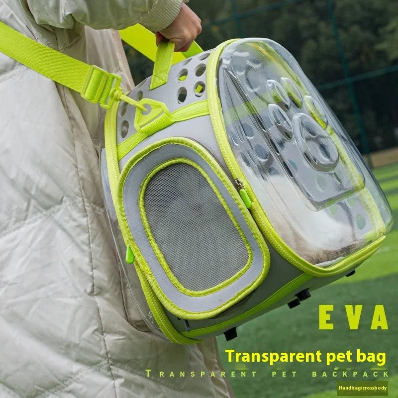 Transparent EVA cat backpack carrier in grass green colour showing space capsule design
