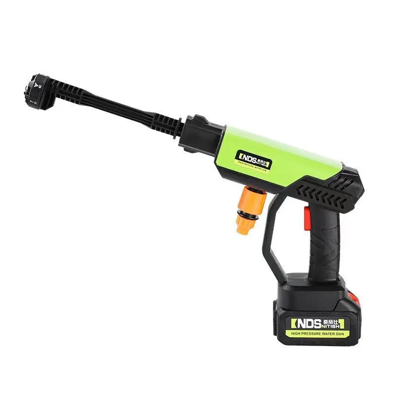 Wireless high pressure water gun with multi-function nozzle in green or yellow plastic zinc alloy construction