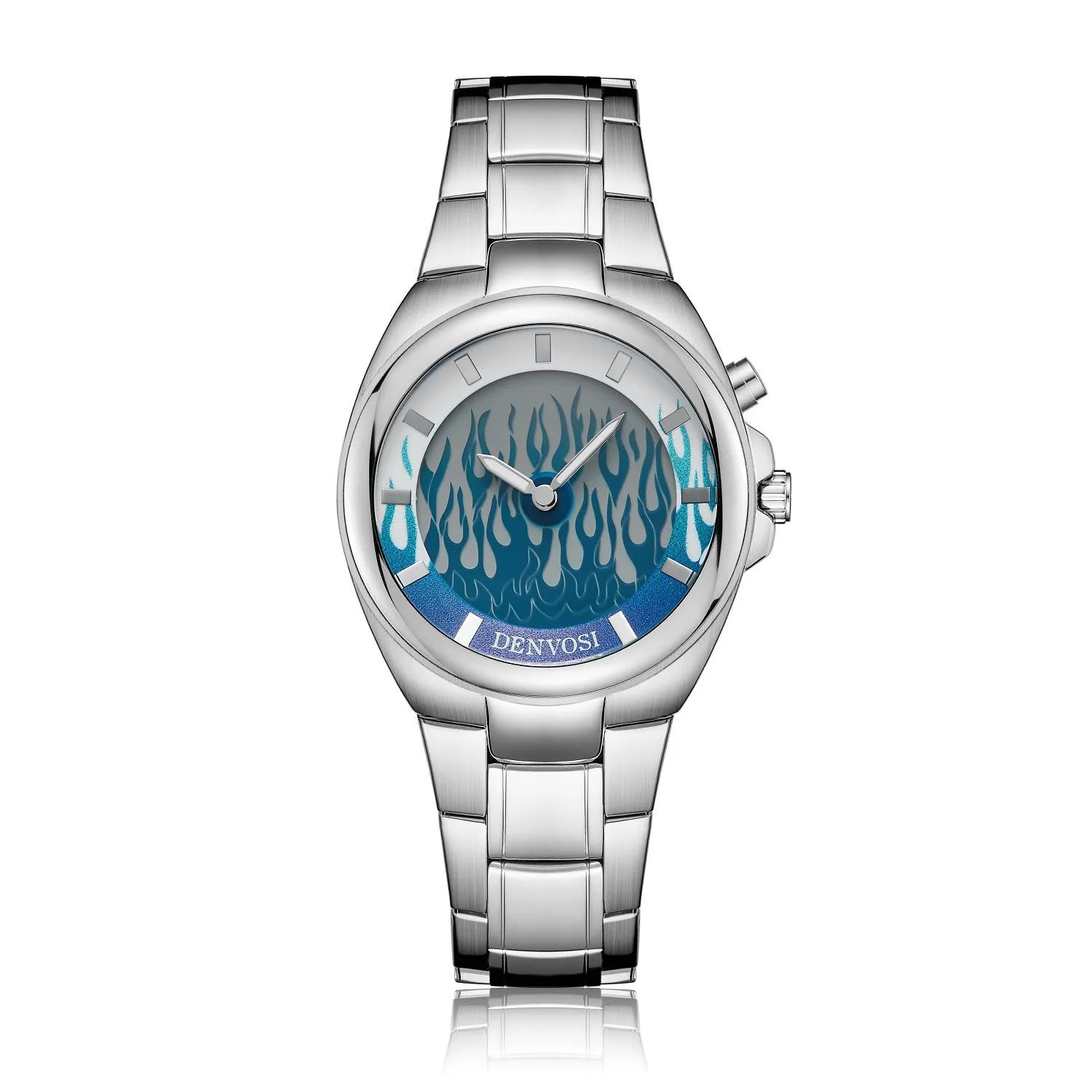Y2K digital watch with dual display showing blue flame colour variant on wrist