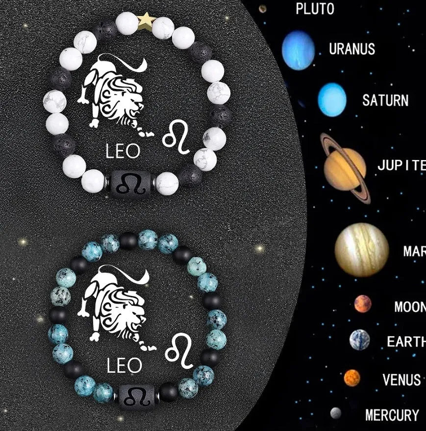 A pair of adjustable natural stone beaded bracelets showing two different zodiac sign styles from the set of twelve.