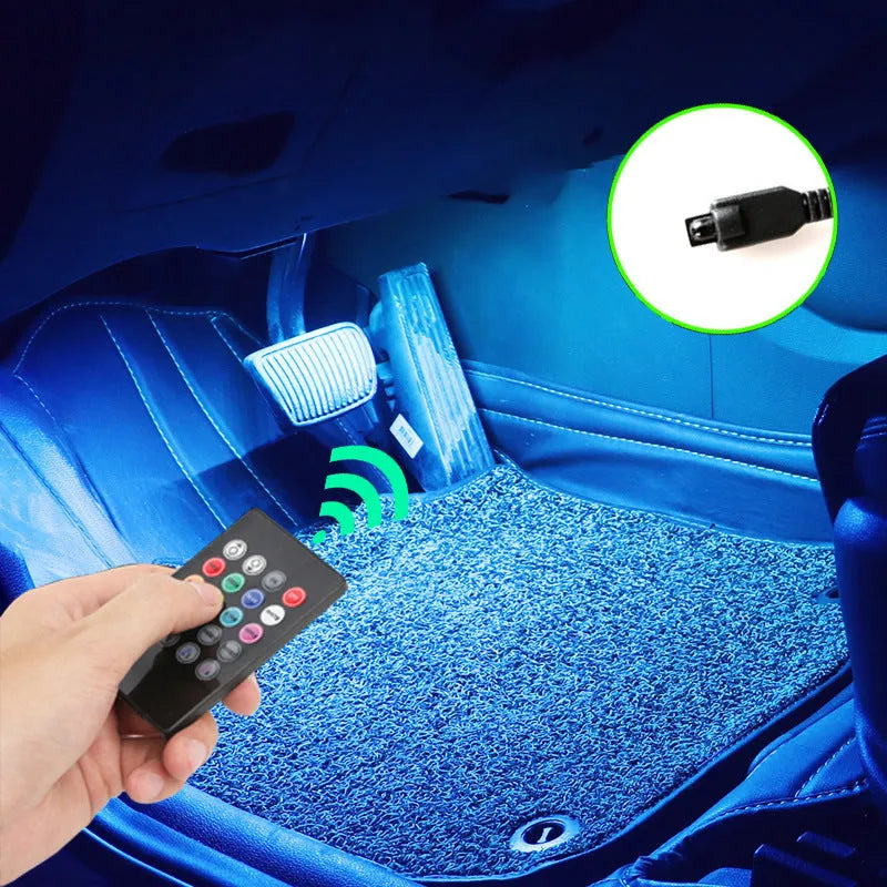 Boxed car interior LED atmosphere light kit with voice control and USB cable for APP connection.