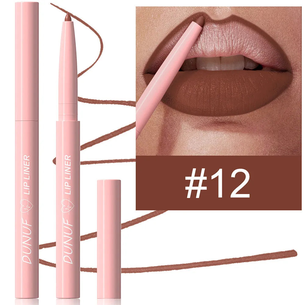 Set of twelve velvet matte lip liner pencils in different colours numbered 01 to 12