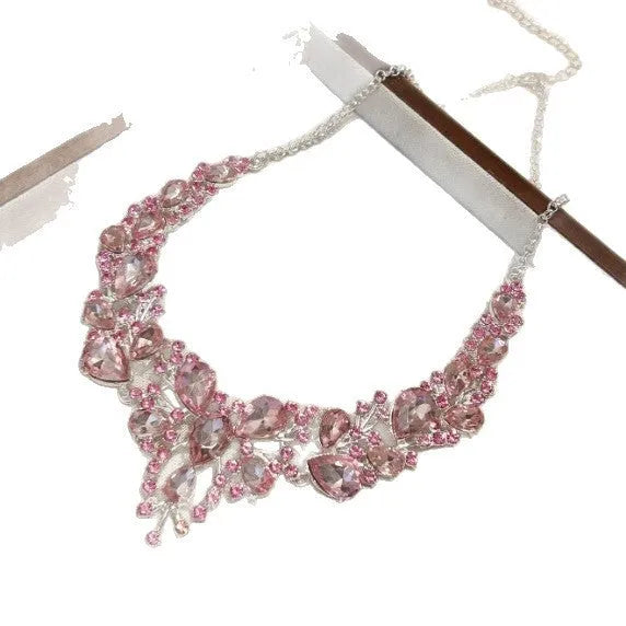 Pink rhinestone flower drop pendant necklace on an electroplated alloy ball bead chain, 31-40cm perimeter
