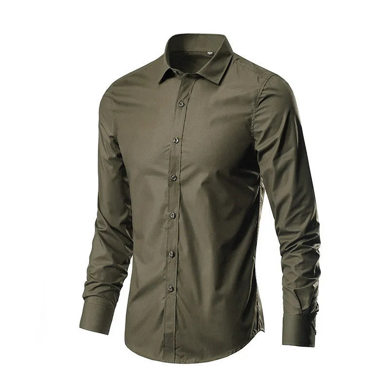 Loose fit long sleeve linen shirt on a hanger, shown in a light colour.
