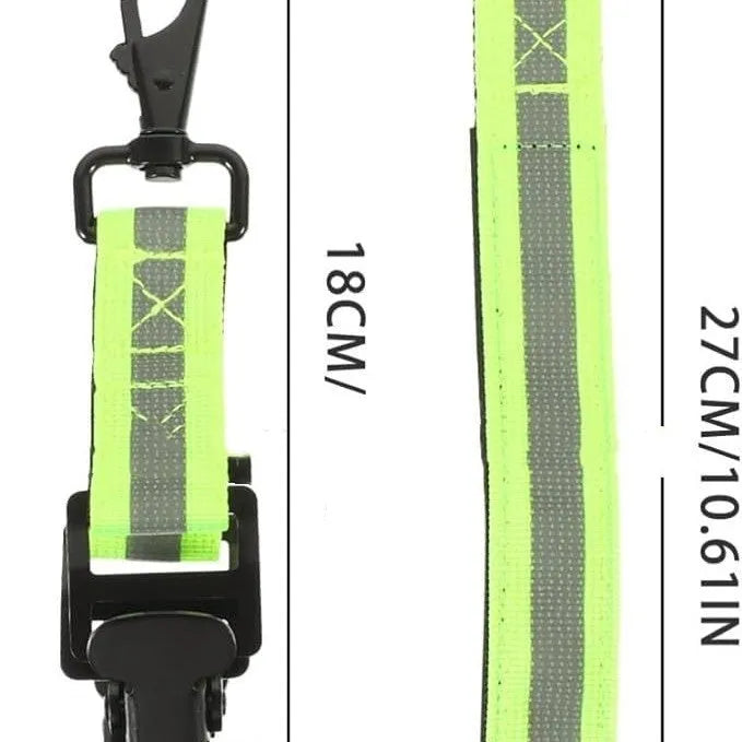 Fluorescent green metal safety clip for securing work gloves on a belt.