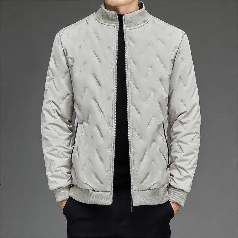 Men's fleece-lined stand collar cotton-padded coat in khaki, polyester fill, cold weather wear