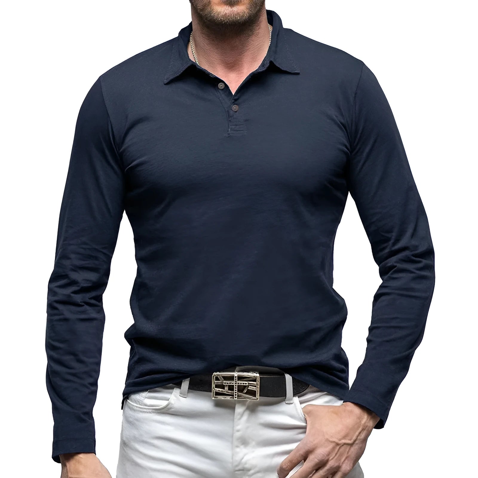 Men's dark grey cotton long sleeve T-shirt with a polo collar laid flat.
